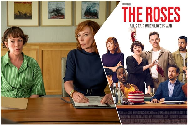 A promotional collage for the film "The Roses," featuring two women seated at a table on the left, and a group of characters on the right with bold text stating the film's title and tagline. The setting conveys a mix of tension and humor, highlighting themes of love and conflict.