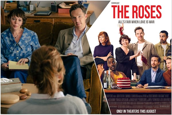 A promotional movie poster for 'The Roses' featuring a cast of characters engaged in a tense situation, with a humorous undertone. The tagline reads, "All's fair when love is war," and the image showcases various actors with expressions ranging from surprise to intrigue.