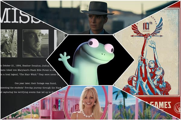 A cartoon character resembling a friendly, green lizard with big eyes and a smile is centrally featured, surrounded by various media stills and an illustration. The image reflects themes of viral marketing in connection with contemporary pop culture.