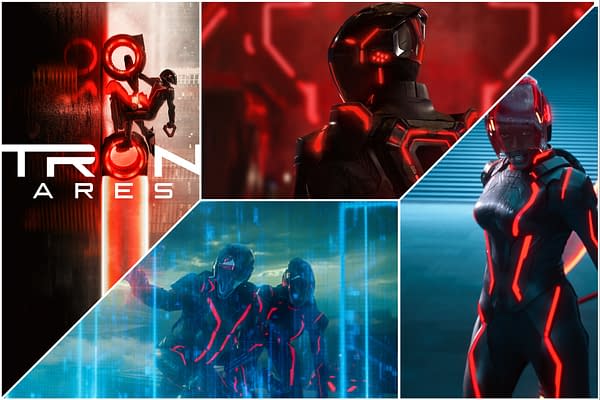 A digital collage featuring elements from 'TRON: Ares', showcasing a character in a futuristic suit with red accents, dynamic action scenes, and the title prominently displayed. The artwork encapsulates the high-tech, neon aesthetic of the TRON universe.