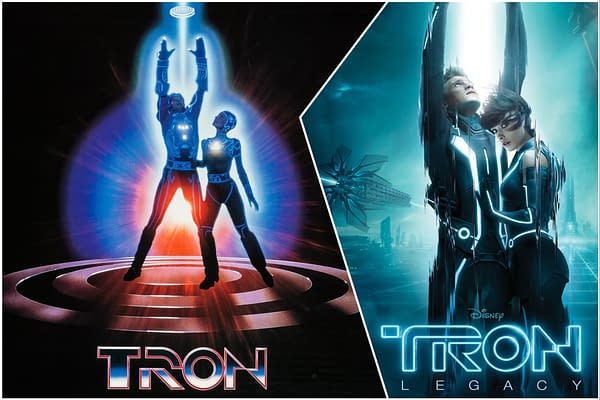 A promotional illustration split into two sides, featuring the original 1982 'TRON' film on the left with two characters reaching upwards surrounded by light, and the 2010 'TRON: Legacy' on the right, showcasing a futuristic scene with two characters in sleek suits against a blue-toned backdrop.