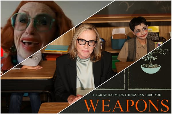 A collage featuring three scenes: a woman with red hair and large glasses laughing, a serious woman in a blazer seated at a desk, and a child with face paint sitting in a classroom. The image includes the word 'WEAPONS' prominently displayed with the phrase 'THE MOST HARMLESS THINGS CAN HURT YOU'.