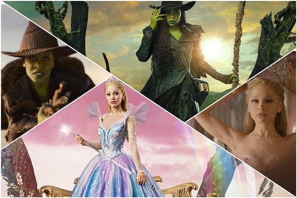 A collage from the musical "Wicked for Good," featuring two prominent characters: a green-skinned witch in a black outfit and a fairy-like character in a sparkling blue gown. The collage showcases their contrasting appearances and magical themes.