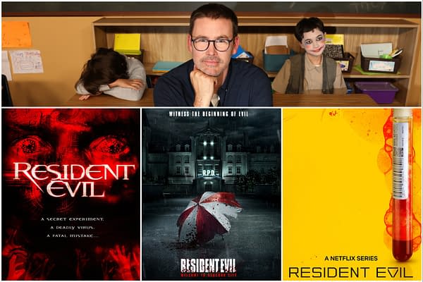 A collage featuring Zach Cregger, alongside posters from the 'Resident Evil' franchise. The images depict key themes of horror and survival, with emphasis on a secret experiment and a deadly virus.