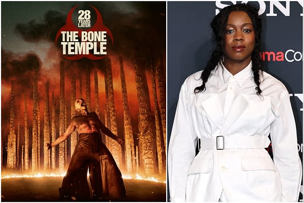 A graphic for '28 Years Later: The Bone Temple,' featuring a figure in front of tall, ominous pillars against a fiery red sky. The title is prominently displayed at the top, highlighting the theme of horror.