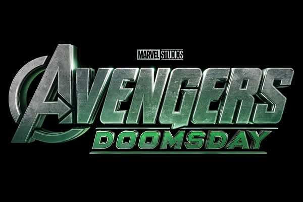 A logo for the Marvel Studios film 'Avengers: Doomsday,' featuring bold metallic lettering with a green hue against a black background.