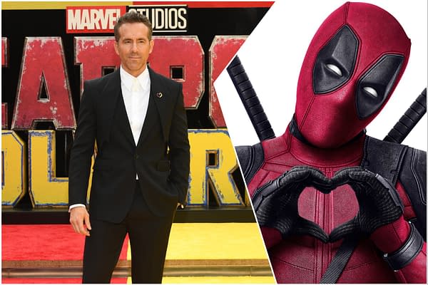 A collage featuring a man in a black suit against a colorful backdrop with 'Deadpool' lettering, next to an illustration of the character Deadpool making a heart shape with his hands. This image highlights themes of superheroes and movie premieres.