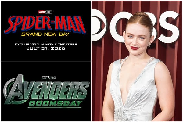 The graphic features the logos for 'Spider-Man: Brand New Day' and 'Avengers: Doomsday.' A young woman with red hair, wearing a silver dress, smiles for the camera in front of a brown backdrop.
