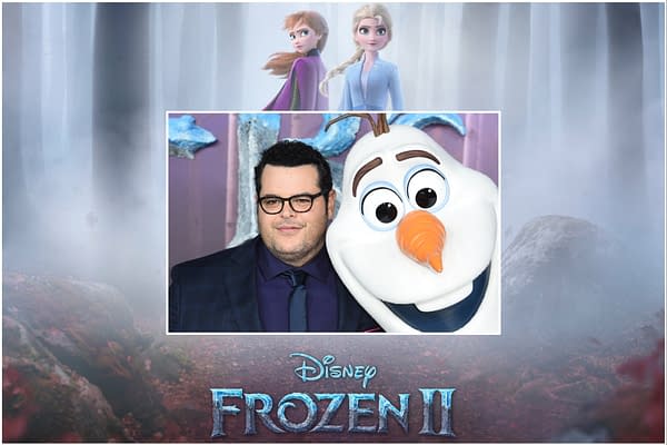 A promotional image featuring Josh Gad, who voices Olaf, posing alongside the character in a snowy backdrop. The Disney Frozen II logo is prominently displayed at the bottom.