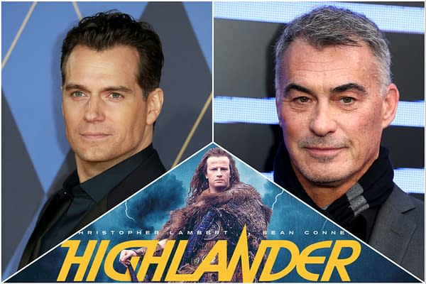 A split image featuring two actors, Henry Cavill on the left and Chad Michael Murray on the right, with a promotional graphic for the film "Highlander" at the bottom. The graphic showcases a character dressed in fur, with lightning effects and the film's title prominently displayed.