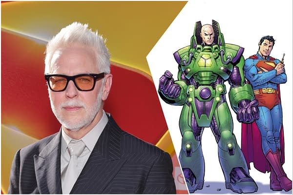 A combination of a photo featuring a man with white hair and glasses beside an illustration of Superman and Lex Luthor in their iconic costumes, highlighting the upcoming Superman sequel. The background includes a vibrant design related to the Superman theme.