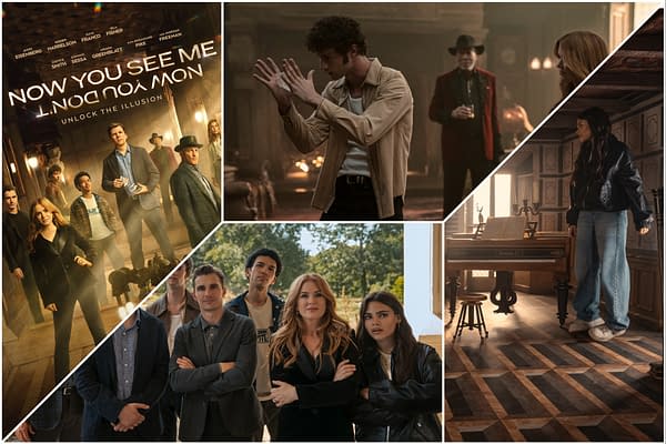 A promotional collage for the film 'Now You See Me: Now You Don't,' featuring characters engaged in magic and illusion. The image showcases a mix of scenes with the cast in various dramatic settings, emphasizing mystery and intrigue.