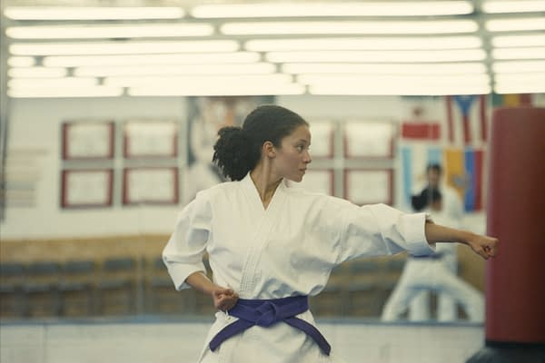 A young martial artist in a white gi with a purple belt performs a striking pose in a dojo, demonstrating focus and strength. The background features blurred images of other practitioners and colorful flags.