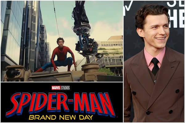 A scene from 'Spider-Man: Brand New Day' featuring Tom Holland as Spider-Man in his iconic red and blue suit, crouching on a vehicle in an urban setting, with a film camera rig above him. The image includes the movie title logo prominently displayed at the bottom.