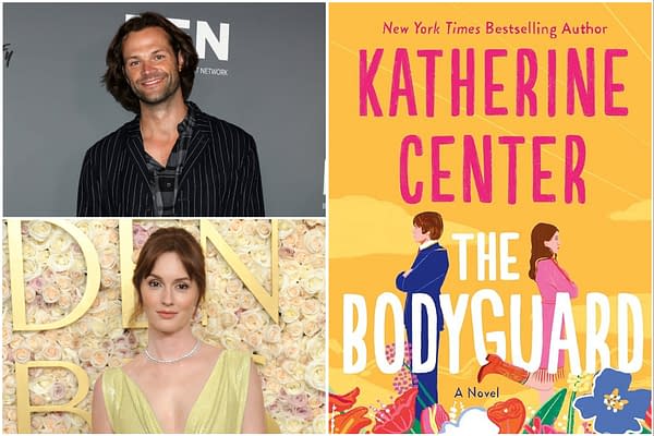 A promotional collage featuring two celebrities alongside the book cover of "The Bodyguard" by Katherine Center. The cover showcases a colorful illustration of two characters standing back to back, with flowers and a bright background.