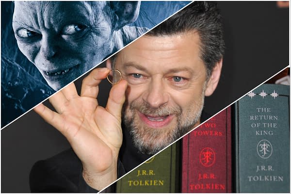 A collage featuring Gollum from 'The Lord of the Rings,' actor Andy Serkis holding a ring, and the covers of J.R.R. Tolkien's books 'The Two Towers' and 'The Return of the King.' The image highlights key elements of 'The Hunt for Gollum.'
