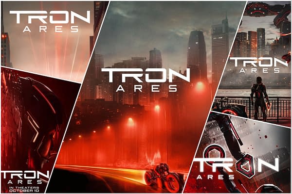 A promotional poster collage for 'TRON: Ares', featuring bold text with the title prominently displayed. The design includes futuristic imagery with vibrant red tones, depicting a character in a helmet and cityscape, suggesting action and sci-fi themes.