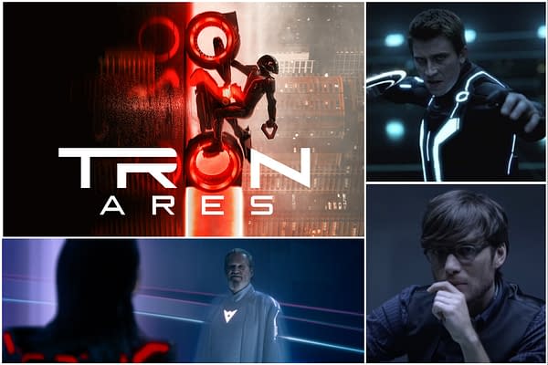 The collage features scenes from 'TRON: Ares,' including a prominent logo and characters in futuristic outfits engaging in action and conversation. The central figure displays a dynamic pose with illuminated elements, while other characters appear contemplative in a high-tech environment.