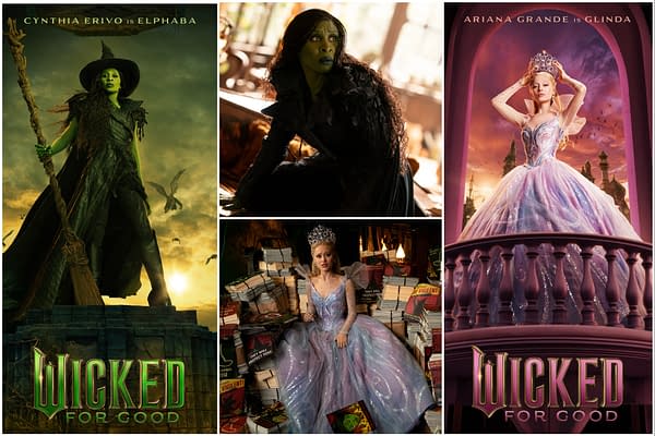 A promotional collage for 'Wicked: For Good' featuring character posters of Elphaba, played by Cynthia Erivo, depicted in green with a broom, and Glinda, portrayed by Ariana Grande, dressed in a sparkling pink gown and tiara. The background includes mystical elements and imagery related to the story.
