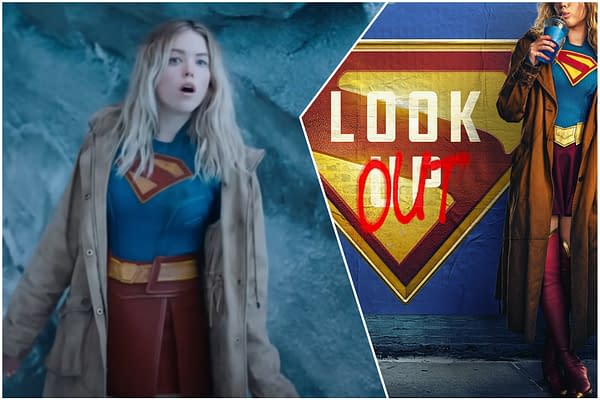 A collage featuring a character in a Supergirl costume with a blue top and red skirt, looking surprised in a snowy setting. The other side shows the Supergirl emblem with the words 'LOOK OUT' spray-painted across it.