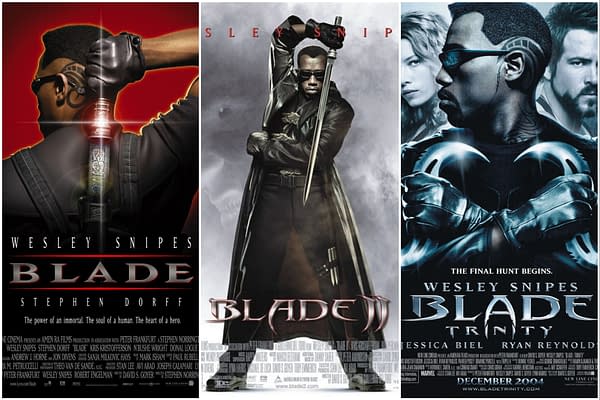 Collage featuring the movie posters for the 'Blade' film series, showcasing Wesley Snipes as the titular character in different poses, with dramatic backgrounds and stylized fonts.