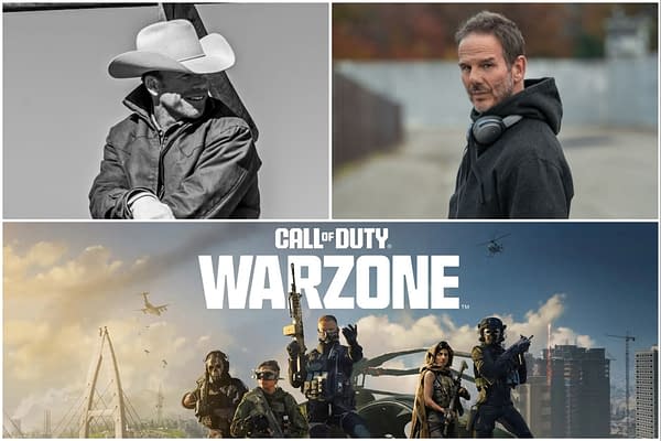 A collage featuring a black-and-white image of a cowboy wearing a hat, a color portrait of a man in a hoodie with headphones, and the logo for the video game 'Call of Duty: Warzone' with soldiers in tactical gear beneath an airplane in a dramatic sky.