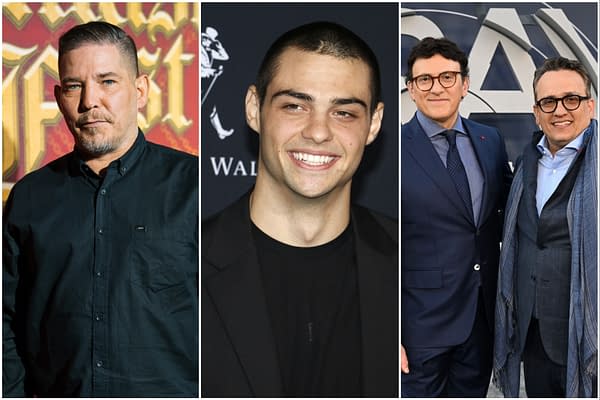 A collage featuring three men: on the left, a man with short hair and a beard wearing a black shirt, in the center, a young man with a shaved head and a big smile in a black blazer, and on the right, two men in suits smiling together. The image relates to AGBO's collaboration with Lionsgate and Millennium Media for a new Rambo film.
