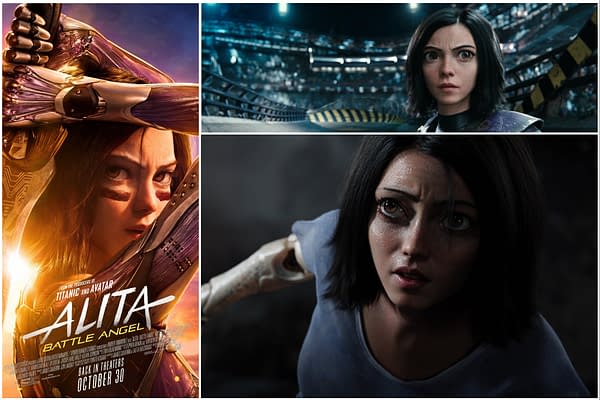 A promotional poster for 'Alita: Battle Angel', featuring the character Alita with a determined expression and cybernetic enhancements, alongside her intense and emotional moments from the film in a collage format.