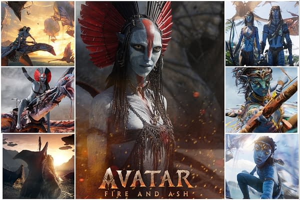 A promotional poster for 'Avatar: Fire and Ash,' featuring a striking character with intricate face paint and a dramatic red headdress. The collage includes various scenes from the film, showcasing vibrant landscapes and characters in action, emphasizing the fantasy themes of the movie.