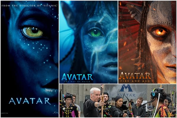 A collage showcasing the 'Avatar' film series, featuring character portraits from 'Avatar' and 'Avatar: The Way of Water,' alongside a scene from behind the scenes with director James Cameron and crew. Notable visual elements include vibrant colors, alien characters, and the title 'Avatar: Fire and Ash.'