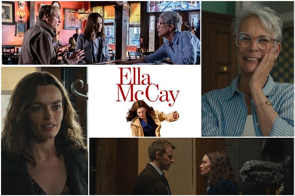 Collage featuring scenes from the film 'Ella McCay,' including a dramatic conversation in a restaurant, a close-up of the main character, and a promotional logo featuring the film's title in bold red letters.