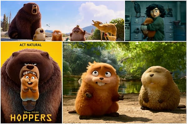 A promotional collage for the animated film 'Hoppers' featuring a large bear character, smaller furry animals, and a child holding a small creature. The top left shows characters in a natural setting, while the bottom left includes a logo with the tagline 'Act Natural'.