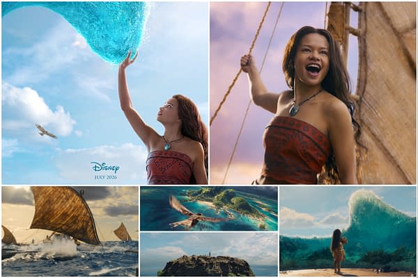 Collage from Disney's 'Moana' featuring the main character, a young Polynesian girl navigating the ocean, showcasing scenes with waves, canoes, and lush islands. The image highlights her adventurous spirit and connection to the sea.