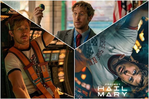 A collage featuring scenes from 'Project Hail Mary,' showcasing a man in a space suit with glasses, holding an object in one scene and displaying a concerned expression in another. The bottom right corner features the title 'Project Hail Mary' in bold font, surrounded by a cosmic backdrop.