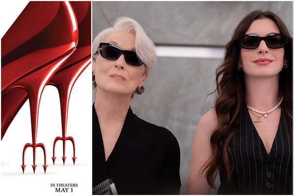 A promotional image for 'The Devil Wears Prada 2' featuring striking red high heels designed with devilish spikes and two women wearing sunglasses, looking confidently at the camera. The image highlights fashion aesthetics related to the movie.