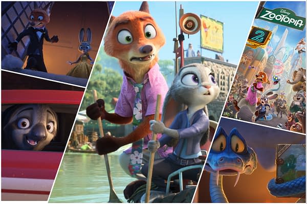 Collage featuring characters from 'Zootopia 2', including a fox and rabbit team, a surprised sloth, and a blue snake, showcasing various scenes from the animated film.