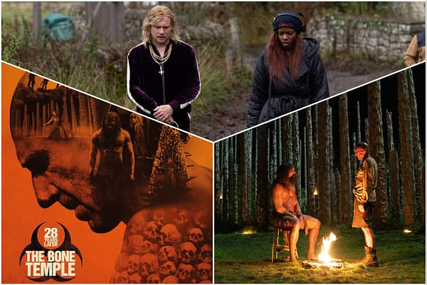 A collage featuring scenes from '28 Years Later: The Bone Temple', including a character with long hair dressed in regal attire, a woman walking in a wooded area, and two men interacting near a fire amidst eerie trees. The prominent background displays stylized graphics with skulls and a face silhouette, highlighting the film's darker themes.