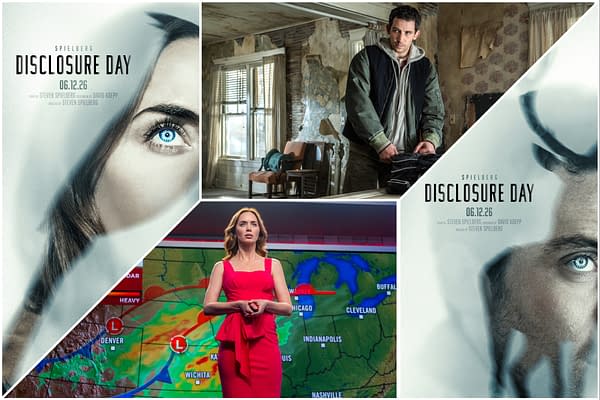 A promotional collage for the film 'Disclosure Day' featuring intriguing human expressions and landscapes. The artwork includes a close-up of a woman's eye, a man in a disheveled room, and a woman in a red dress standing in front of a weather map, conveying themes of suspense and anticipation.