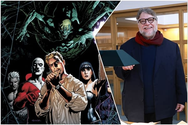 A split image featuring comic book characters from 'Justice League Dark' on the left, showing a group of supernatural heroes, and Guillermo del Toro on the right, smiling while holding a book in a library setting.