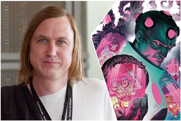 A portrait of actor Lars Eidinger with shoulder-length hair, smiling against a neutral background, alongside artwork featuring the supervillain Brainiac, depicted with a menacing expression and a green color palette.