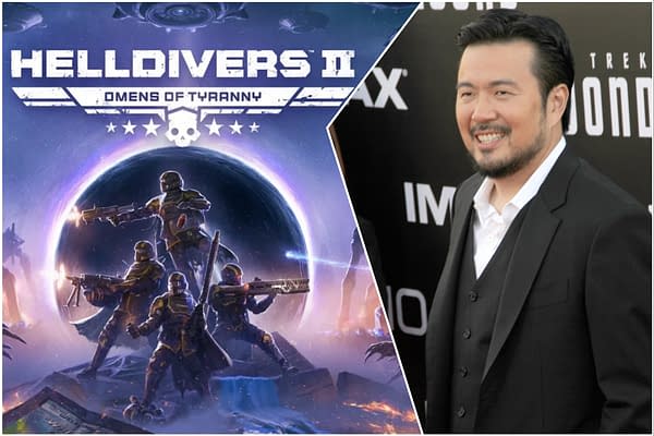 A split image showcasing the video game 'Helldivers II: Omens of Tyranny' with four armored soldiers aiming their weapons in a cosmic setting, alongside a portrait of filmmaker Justin Lin smiling at a red carpet event.
