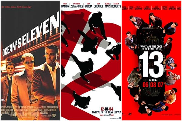 A collage featuring movie posters from 'Ocean's Eleven,' 'Ocean's Twelve,' and 'Ocean's Thirteen,' showcasing the main characters and stylistic elements of each film. The posters highlight themes of heists and camaraderie with distinctive color schemes and typography.