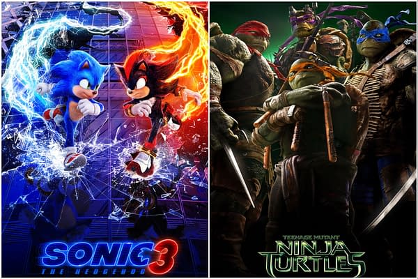 This illustration features characters from the upcoming 'Sonic 3' and 'Teenage Mutant Ninja Turtles' films, showcasing Sonic and Shadow on one side, and the four turtles on the other, emphasizing their iconic styles and energy.