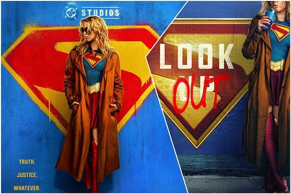 A colorful illustration featuring a character resembling Supergirl, wearing her iconic costume and a brown coat, standing beside a graffiti-style superman logo with the words 'LOOK OUT' written on it. The background is vibrant with blue and red tones, emphasizing themes of heroism and justice.