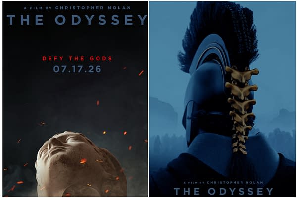 A promotional poster for the film 'The Odyssey' directed by Christopher Nolan, featuring a stylized rendering of a heroic figure in a dark setting, accompanied by the text 'Defy the Gods' and the release date '07.17.26.'