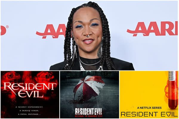 A promotional collage related to Resident Evil featuring an actress with braided hair, alongside iconic visuals from the franchise, including logos and imagery from games and the Netflix series.