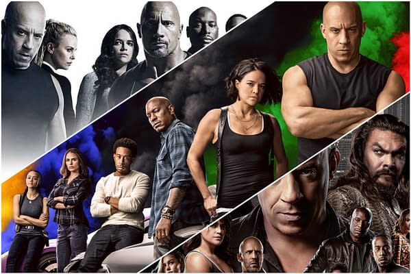 A promotional collage for 'Fast & Furious' featuring key characters from the franchise, including Vin Diesel, Dwayne Johnson, and Michelle Rodriguez, with vibrant colored smoke backgrounds. This image symbolizes the action and camaraderie present in the series.