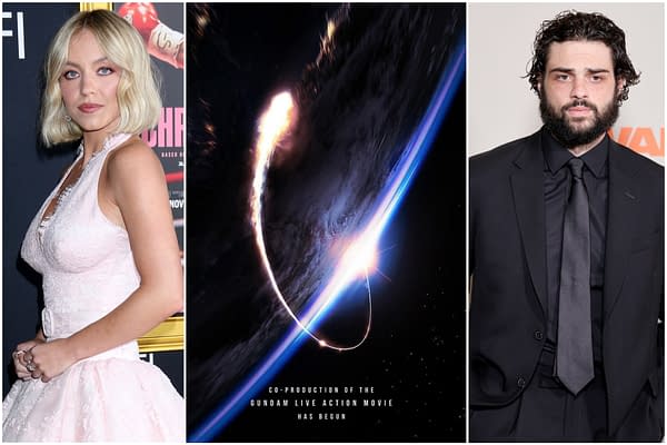 A collage featuring promotional elements for the Gundam live-action movie including a cinematic space scene with a glowing arc, and two actors posing at events. The bottom text indicates the co-production status of the film.