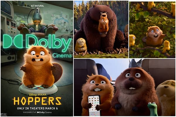 A vibrant promotional illustration for 'Hoppers,' featuring animated creatures including a cheerful beaver-like character in the foreground, with a glowing 'Dolby Cinema' logo above. Various scenes from the upcoming Disney Pixar film are depicted, showcasing humor and adventure.