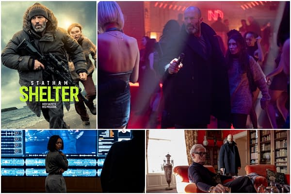 A collage from the film 'Shelter,' featuring a dramatic scene with a man carrying a gun alongside a woman in a rugged outdoor setting, a nightclub scene with vibrant lighting and people dancing, a character analyzing data in front of screens, and a tense moment in a luxurious room with two men, one seated and the other standing.